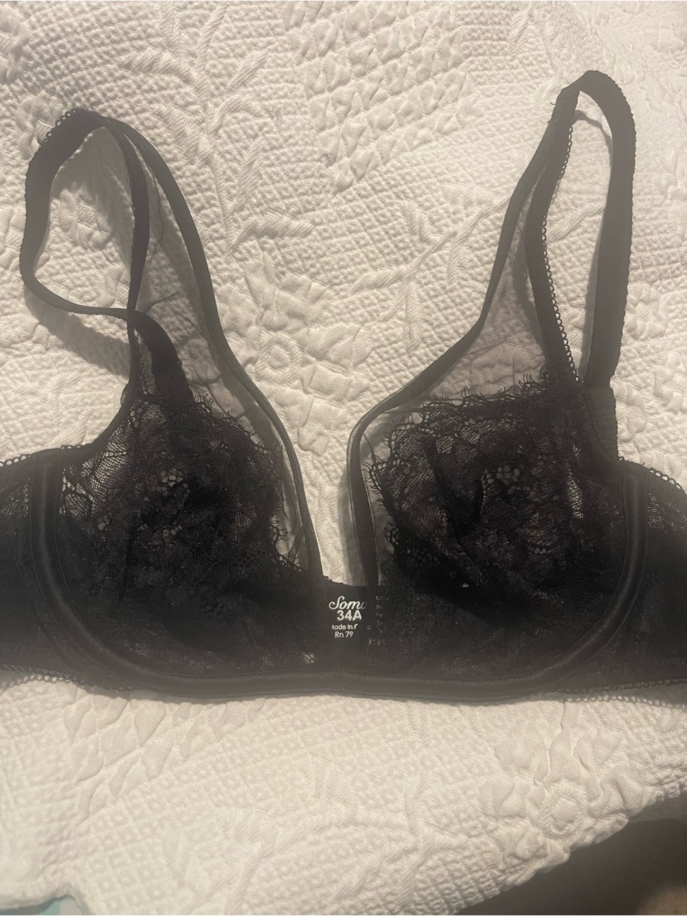 Soma 34A Black Sheer Lace Underwire Lined Bra Back Closing Bra